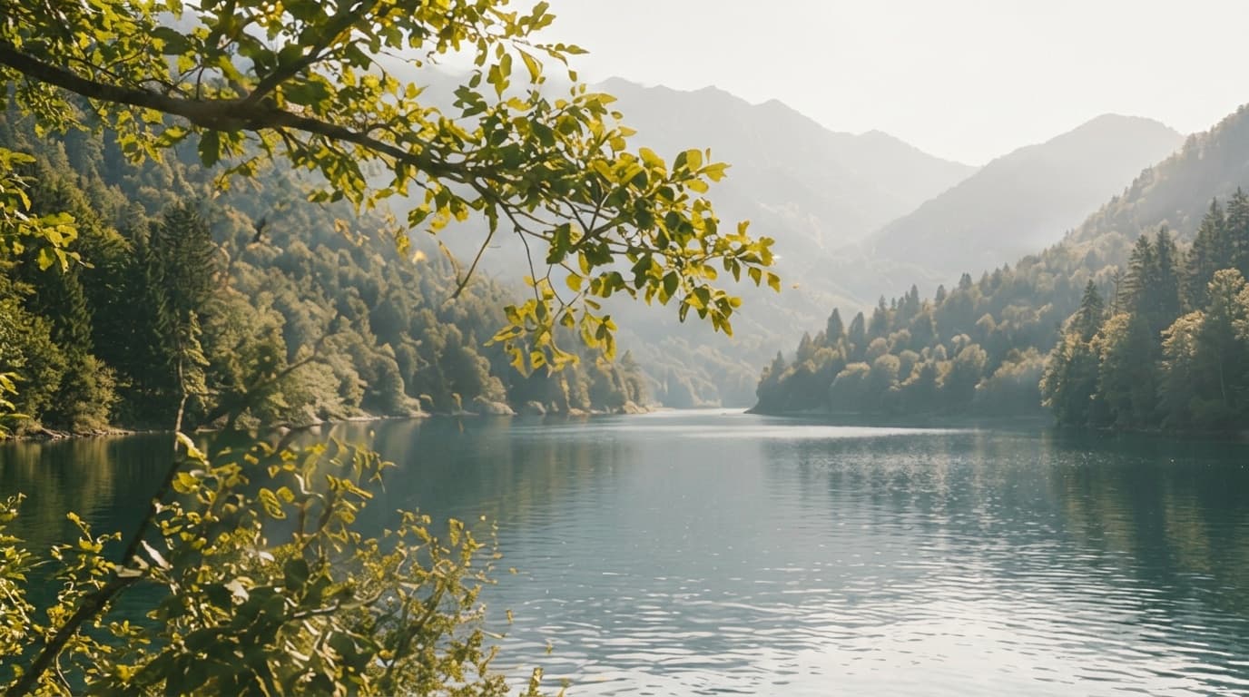 Still lake water at golden hour, framed by leafy branches