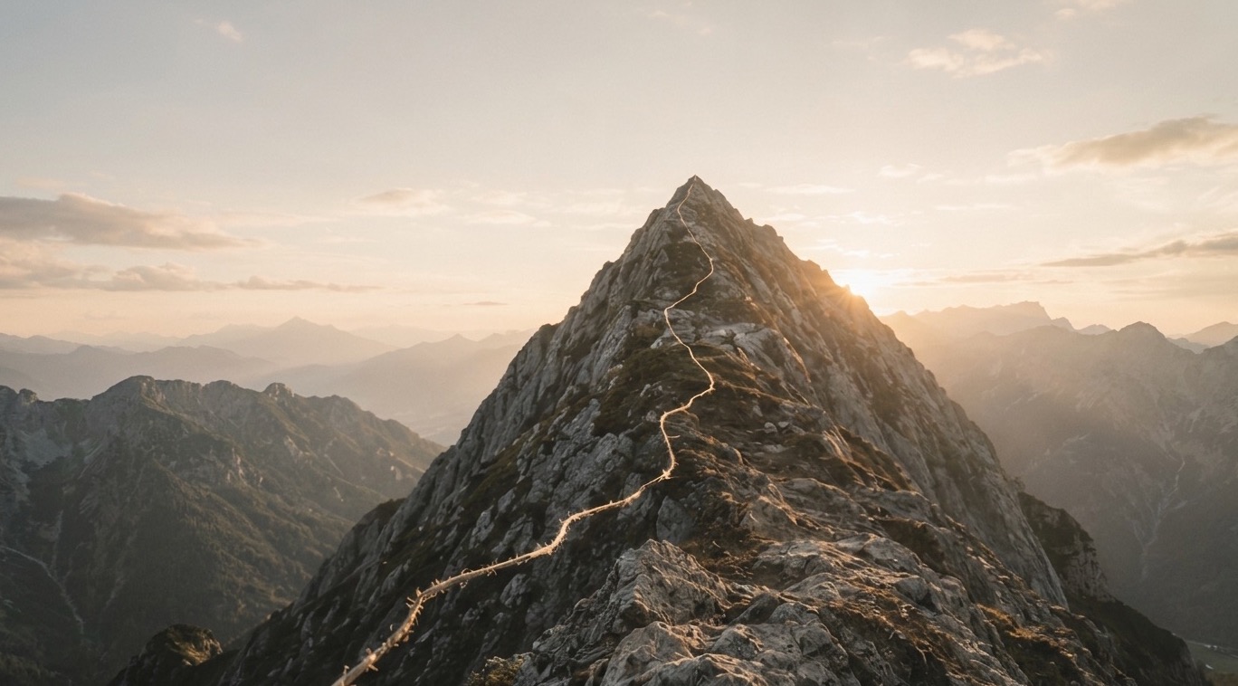 A mountain summit with a golden thread of a path leading up to it