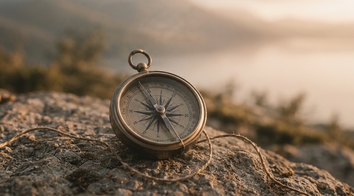 A compass and a golden thread resting on a rock